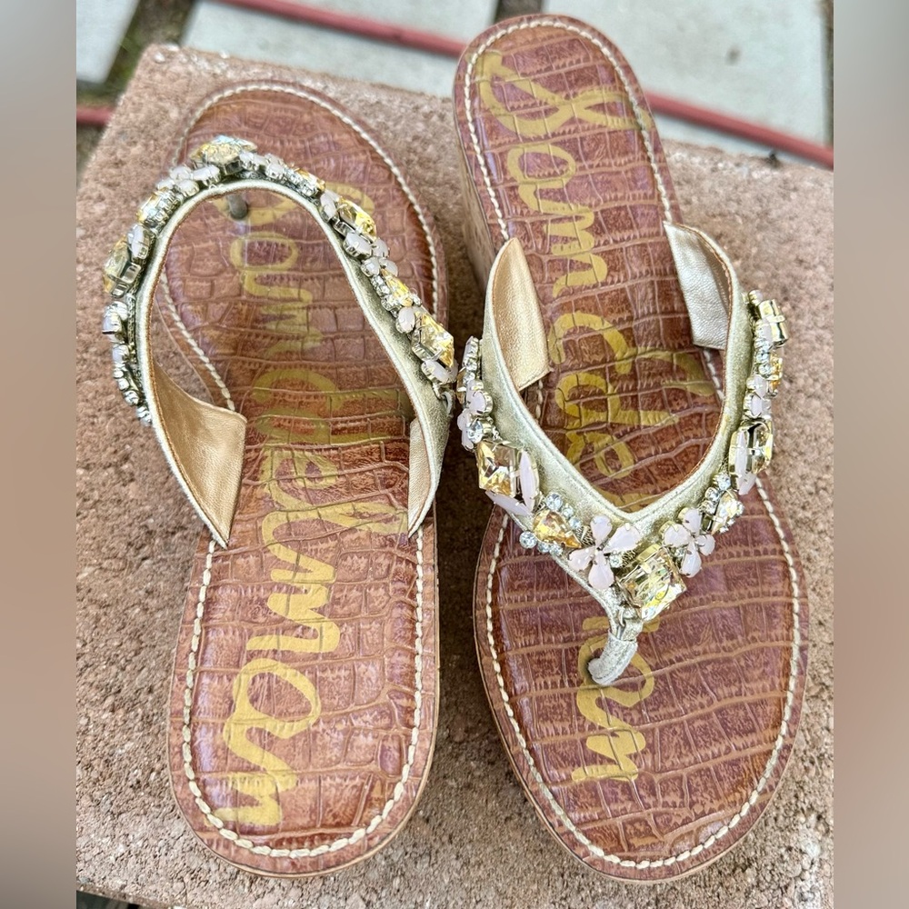 Sam Edelman Randi Jeweled Brushed Gold Leather Cork Wedge Sandals  Size 8.5